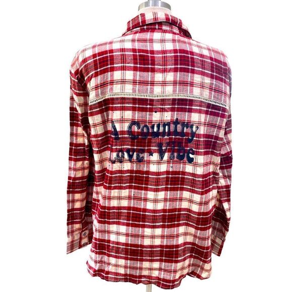 Cream cranberry red maroon plaid pockets buttons cut out trim brand new - Picture 2 of 3